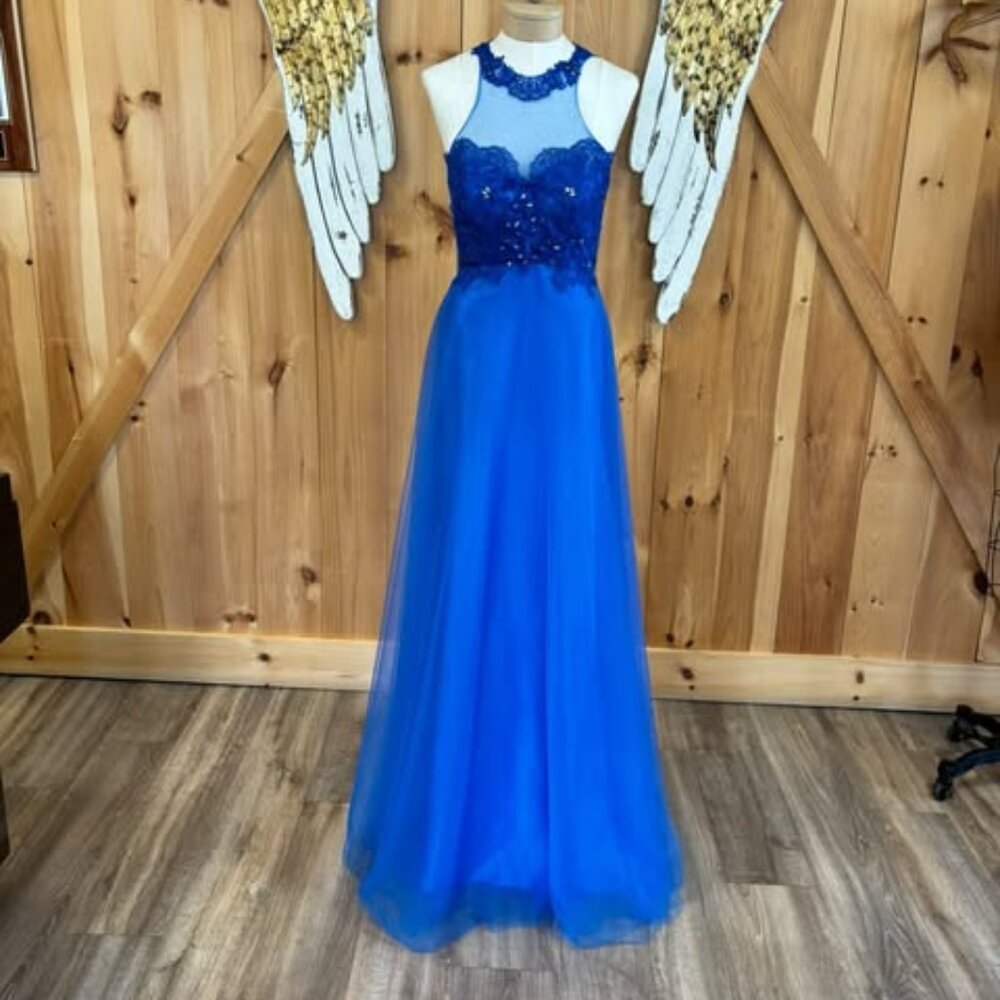 Dark blue with dark blue lace dress with rhinestones through out lace